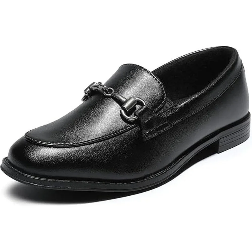 Boys Size 4 Black Faux Leather Slide On Silver Accent Dress Oxford Loafers Shoes
